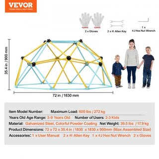 Domo de Escalada, Centro de Juego Geométrico de 6FT para Niños de 3 a 9 Años, Gimnasio Jungle que Soporta 600LBS y Fácil Montaje, con Agarre para Escalar, Equipamiento de Juego para Niños en Inter...