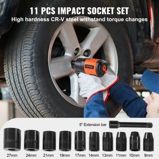 Llave de impacto neumática de 1.27 cm, alto par de hasta 1898.15 N·m, diseño ligero de 2.1 kg con juego de 11 piezas de 1.27 cm de acero CR-V y estuche de transporte