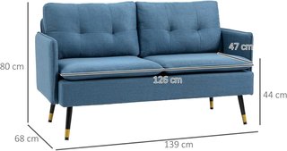 Divano a 2 Posti in Tessuto Effetto Lino con Braccioli e Cuscini Imbottiti, Divano Moderno a 2 Posti con Gambe in Acciaio, per Ufficio, Soggiorno, Salone e Camera da Letto, 139X68X80 Cm, Blu