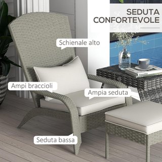 Sedia da Giardino con Poggiapiedi, Braccioli e Cuscini Imbottiti, Sedia Adirondack in Rattan e Acciaio, 64X82X89 Cm, Grigio e Bianco Crema