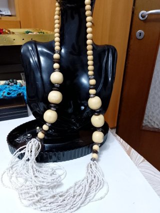 Collana lunga vintage perline legno e metallo