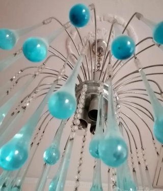 Lampadario Gocce Vetro Blu Metallo Vintage Anni 70