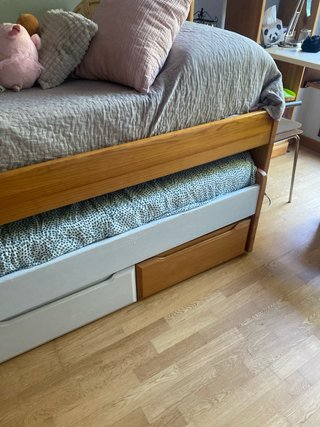 Dormitorio con 2 camas y estanterías,