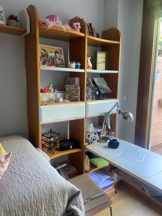 Dormitorio con 2 camas y estanterías,
