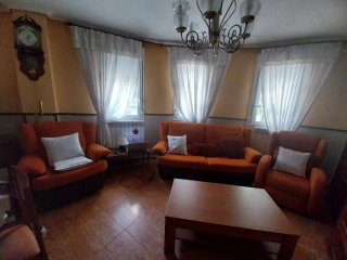 Sofá de 3 plazas tela naranja y dos sillones