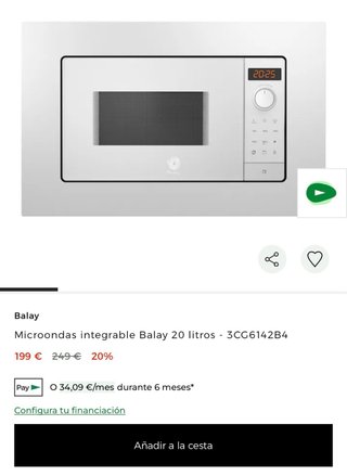Microondas integrable Balay 3CG6142B4. Nuevo