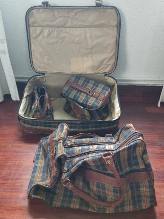 Maleta Vintage Cuadros Marrón y Azul
