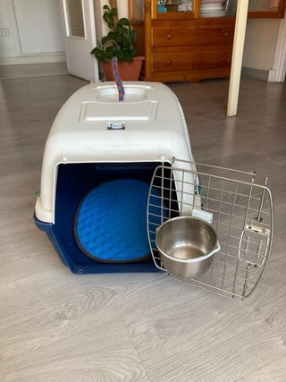 Transportín perro azul y blanco