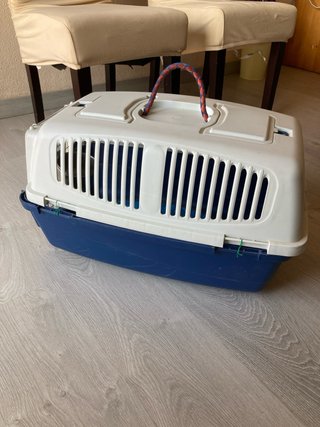 Transportín perro azul y blanco