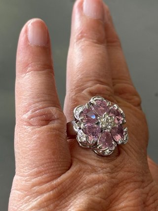 Anello Fiore Cristalli Rosa Argento
