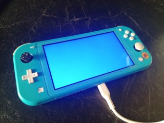 Antica Nintendo Switch Lite. Schermo blu.