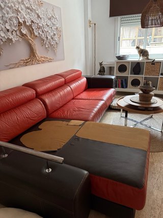 Divano Chaiselongue in Pelle Marrone e Rosso