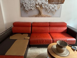Divano Chaiselongue in Pelle Marrone e Rosso