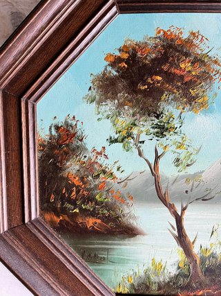 Cuadro octogonal vintage firmado — Paisaje al óleo