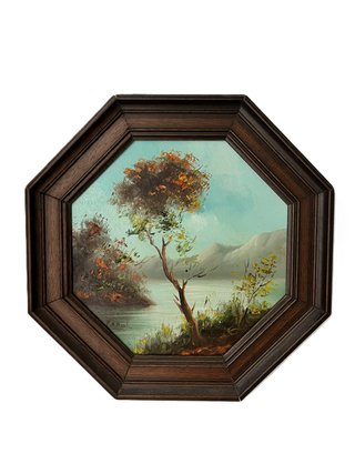 Cuadro octogonal vintage firmado — Paisaje al óleo