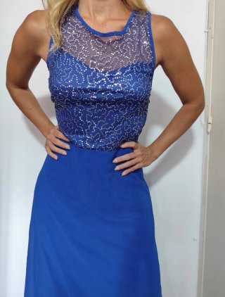 Vestido largo azul brillante fiesta