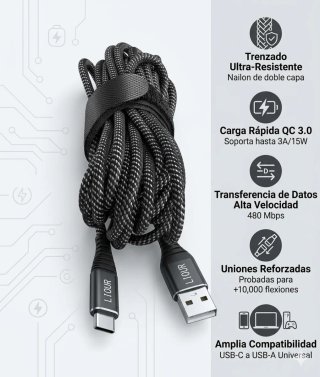 Cable Carga Rápida USB-A a USB-C 3A 5metros