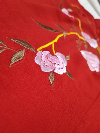 Vestido Qipao 100% Seda Rojo Flores