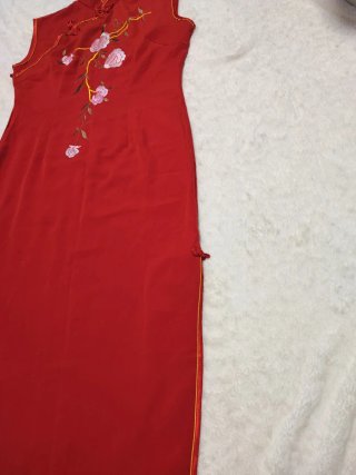 Vestido Qipao 100% Seda Rojo Flores