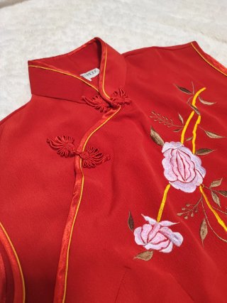 Vestido Qipao 100% Seda Rojo Flores