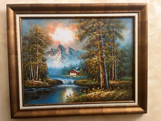Pintura de paisaje con marco de madera