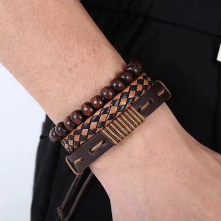Conjunto Pulseras Cuero y Madera Hombre 12 Unid.