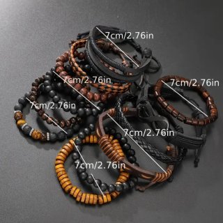 Conjunto Pulseras Cuero y Madera Hombre 12 Unid.