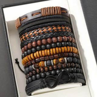 Conjunto Pulseras Cuero y Madera Hombre 12 Unid.