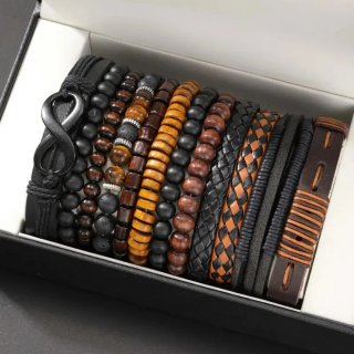 Conjunto Pulseras Cuero y Madera Hombre 12 Unid.