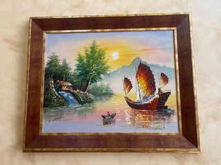 Cuadro relieve paisaje barco velero