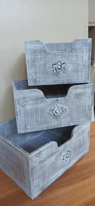 Set 3 Cajas Almacenaje Madera Gris/Blanco