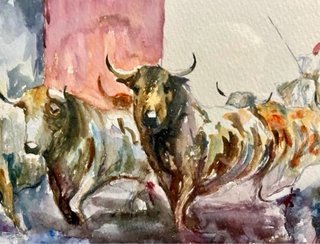 Magnifica acquerello di M. Sancho encierro de toros
