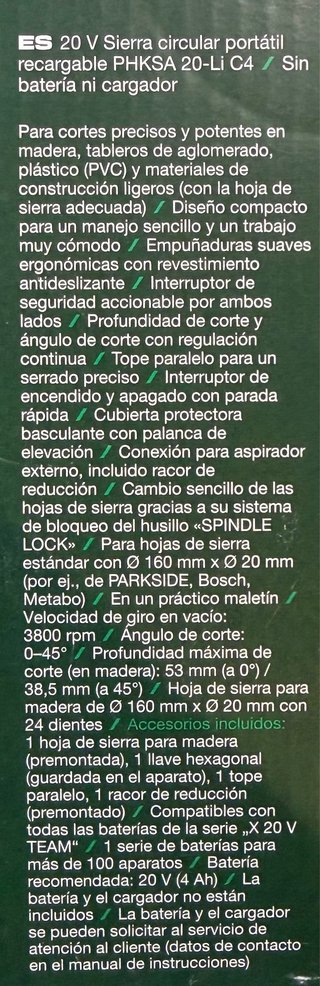 Sierra Circular Parkside 20V (sin batería)
