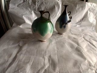 Pareja Jarrones Cerámica Vintage Azul y Verde