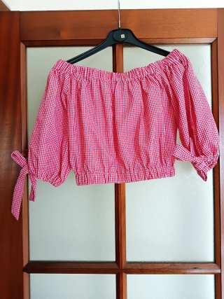 Zara Top Corto Quadretti Rosso Bianco Manica 3/4