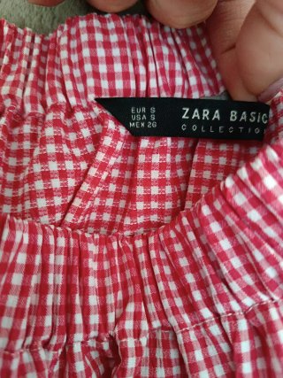 Zara Top Corto Quadretti Rosso Bianco Manica 3/4