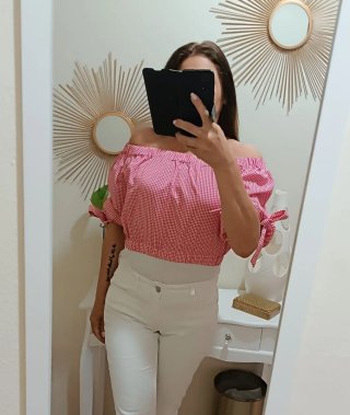 Zara Top Corto Quadretti Rosso Bianco Manica 3/4