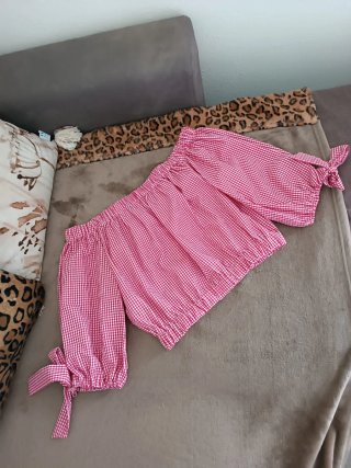 Zara Top Corto Quadretti Rosso Bianco Manica 3/4