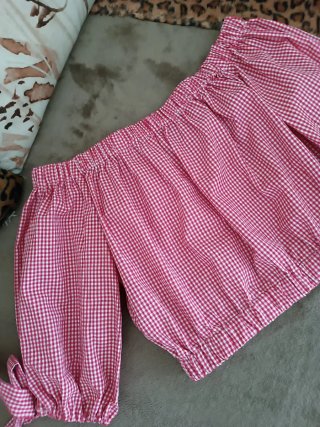Zara Top Corto Quadretti Rosso Bianco Manica 3/4