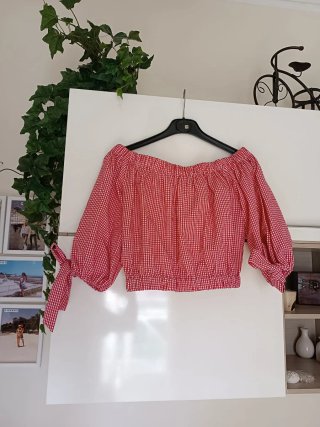 Zara Top Corto Quadretti Rosso Bianco Manica 3/4