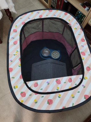 Parque para mascotas con casita y bebedero