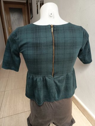 Blusa manga corta cuadros verde