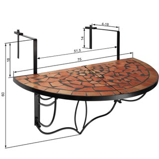 Mesa plegable de balcón, mosaico, 75 x 65 x 62 cm, terracota