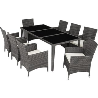 Set de ratán para 8 personas, sillas, cojines, mesa y fundas, gris