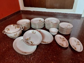 Vajilla de porcelana con diseño floral  dorado