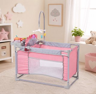 Cuna de bebé rosa de muñecas con móvil