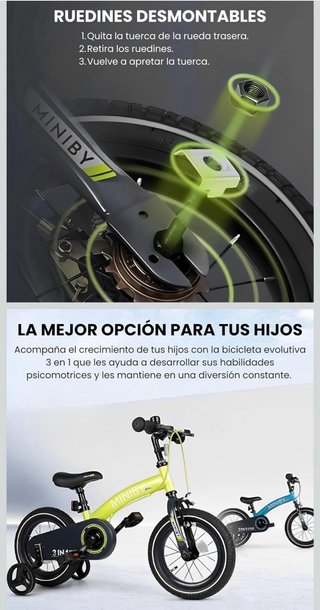Bicicleta Infantil 14 pulgadas, 3 en 1