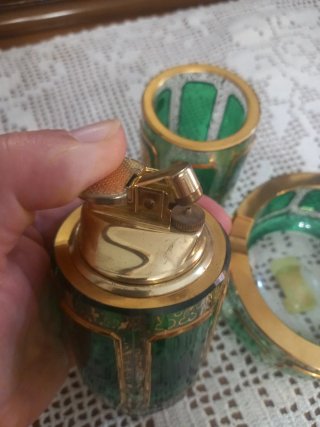 Set fumatori cristallo Bohemia verde dorato