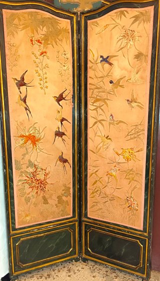 Biombo Oriental Seda Bordada S.XIX
