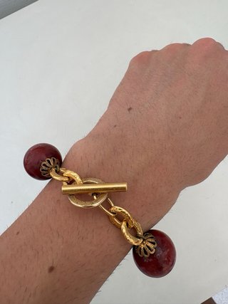 Pulsera Bolas Madera Dorada Roja